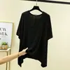 Camiseta Holgada de Cuello V Asimétrica con Manga Tres Cuartos Verano Delgada de Modal Talla Grande Top de Media Manga Color Sólido Camisa Básica