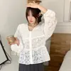 Camisa Feminina Coreana Dongdaemun Moda Alta Qualidade Nova Gola V Semitransparente Manga Longa para Início do Outono com um Design Estiloso