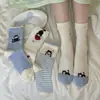 Novas Meias Cartoon Azuis e Brancas para Mulheres, Meias Finas de Meia-Perna para Primavera e Verão, Estilo Coreano e Japonês, Meias Baggy Fofas com Borda de Renda de Gatinho