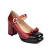 Sapatos de Salto Alto Femininos Couro Patente Salto Grosso Fivela Salto Alto Laço Sapatos de Couro Estilo Chanel Sapatos Femininos X24030001