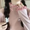 Otoño e invierno lijado calefacción cálido terciopelo base camisa diseño femenino sentido engrosado borde de oreja de madera cuello semi-alto top interior