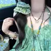 Colar de Contas de Cerâmica Azul Esmaltada com Flores Estilo Férias Novo Estilo Chinês Cor Contrastante Contas Ornamentos Longos para Pescoço Design Novo Ornamento de Pescoço