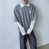 Camisa Polo Americana Retro Falsa de Duas Peças para Meninos Moda Primavera e Outono Marca de Moda Suéter com Costura Xadrez Jaqueta Camisa