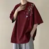 Camiseta de hombre de manga corta de estilo chino moderno, color rojo vino, manga media, nueva de verano, estilo nacional, moda Ins, estampada, holgada