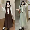 Vestido largo de manga larga con cuello camisero, bloques de color patchwork estilo francés transfronterizo para mujer, otoño, estilo suave de dos piezas simuladas, línea A