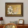 Pintura decorativa de comedor vintage con marco dorado para Amazon transfronterizo europeo y americano con motivos florales y de pájaros, arte de pared hecho a medida para la entrada de la sala de estar, pintura para pasillo