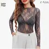 Moda Femenina Europea y Americana 2026 Nuevo Sexy Suéter Encaje Manga Larga Transparente Malla Transparente Top de Encaje