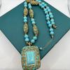 Collar de diseñador hecho a mano con incrustaciones de turquesa, cadena para suéter, anillo de apertura, pendientes de gancho para la oreja, pulsera, juego de cuatro piezas