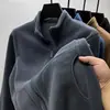 Jaqueta de fleece masculina, fleece dupla face, cor sólida, moletom de abertura frontal, jaqueta de inverno masculina quente e casual com gola alta