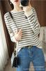 Outono e Inverno nova cor de contraste das mulheres listrado enrolamento pescoço redondo suéter de algodão puro simples slim fit base redutora de idade