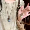 Collar de Cuerda Trenzada con Piedra Pequeña para Mujer, Cadena para Clavícula Estilo Chino Nuevo Retro, Accesorio Largo Colgante para el Cuello con Manchas