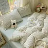 Conjunto de quatro peças 100% algodão, ultrassuave, algodão lavado, gaze franzida, capa de edredom individual, lençol de cama, conjunto de cama de três peças para dormitório estudantil, atacado