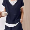 Nuevo Traje Casual de Patchwork de Verano Transfronterizo Europeo y Americano de Dos Piezas Falsas de Color Sólido con Cuello en V para Mujer Pg0235