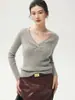 Suéter de cachemir liso para otoño e invierno para mujer, con cuello en V cruzado, corte ajustado, estilo jersey, tejido fino, mangas largas y un diseño moderno