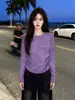 Camiseta de Manga Larga con Cuello Redondo, Tie-Dye Morado Desgastado, Hombro Normal, Corte Ajustado, Fruncida, Estilo Trendy, Individualista, Dulce y Picante, para Mujer, Otoño