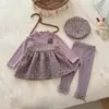 Conjunto de Otoño para Niñas 2026 Nuevo Vestido Floral Morado Infantil Conjunto de Tres Piezas Base Morada para Bebé
