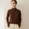 Suéter de cashmere 100% puro com zíper parcial, novo modelo de inverno 2026, blusa básica feminina de gola meio alta, suéter elegante e quente
