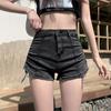 Shorts Jeans com Alça Feminino Verão Fino Estilo Coreano Ins Cintura Alta Reto Stretch Versátil Perna Larga Linha A Hot Pants