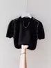 Roupas Femininas Plus Size Verão 2024 para Meninas Cheinhas, Top de Tricô com Miçangas, Camiseta Fina de Manga Curta com Recortes Vazados, Moderna e Versátil