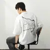 Camiseta Tendência Marca Estilo Americano Estampa de Raio Gola Alta Manga Curta Masculina Marca Tendência Pesada Camiseta Básica Meia-manga Par para Verão Pound Black