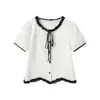 Camisa Doce de Algodão Puro com Babados Estilo Francês para Mulheres, Top Branco de Manga Curta para o Verão com Design de Gravata Borboleta, Único e Estiloso
