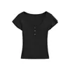 Atacado de Roupas Femininas Transfronteiriças Verão Novo Slim Fit Gola U Grande Manga Flare Bainha Abertura Frontal Manga Curta Pulôver Camiseta