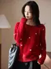 Nuevo Suéter de Lana 100% Pura Rojo Cuello Redondo Corazón Otoño e Invierno 2025 Estilo Coreano Elegante Suelto de Cachemira para Mujer
