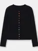 Otoño Nuevo lana peinada negro cárdigan de punto para mujer cuello redondo a rayas colorido delgado suéter estilo chino