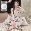 Pijama Tamanho Extra Grande para Mulheres 2025 Primavera e Outono Novo Estilo Cardigan com Bojo, Mangas Longas e Calça, Doce Conjunto de Casa para Gordinhas