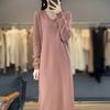 Vestido Chaleco de Punto de Lana con Cuello en V para Mujer, Vestido Suéter Bordado de Manga Larga para Otoño e Invierno, Falda Base Suelta hasta la Rodilla