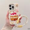 Funda de cuero con dibujos animados de pastel bordado para iPhone 16/15, compatible con Apple 14/13 Pro Max con cordón de 12 pulgadas.