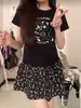 Camiseta de Algodão Puro Manga Curta Feminina Estampada Americana Ombro Direito Gola Redonda Slim Slim Top Hot Girl Verão 2025 Novo Ins