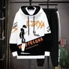 Sudadera de Otoño para Hombre de Manga Larga Estampada con Empalmes Pulóver Marca de Moda Atractivo con Capucha Traje Holgado Tops Juveniles