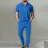 Traje de Color Sólido para Hombre de Estilo Europeo y Americano, Nueva Colección Primavera y Otoño 2025, Cuello Waffle, Manga Corta, Cremallera, Conjunto de Pantalones Largos