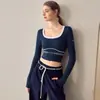 Nueva Ropa de Yoga Cruzada de Manga Larga para Otoño e Invierno con Copa Top Deportivo Ajustado de Secado Rápido Camiseta de Running Fitness