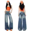 Jeans Americano Retro Estilo Floral Flare para Mulheres, Calça Larga Curva, Algodão
