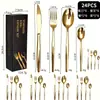 Nuevo juego de cubiertos de acero inoxidable con mango de punta de Amazon de 18/24 piezas para uso doméstico, juego de cuchillo para bistec, tenedor y cuchara de color dorado