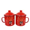 Taza de Esmalte Antigua con Tapa, Taza de Boda Completamente Roja, Taza de Pareja, Taza de Boda, Tarro Nostálgico, Taza Roja
