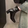 Botas Cortas Elegantes de Marca Retro con Tacón Grueso, Empalme Delgado para Mujer, Otoño e Invierno, Nuevas, Punta Cuadrada Blanca, Cremallera Trasera, Tacón Alto, Botas Elásticas