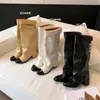 Botas largas de mujer con bloques de color estilo Chanel, botas de caña alta adelgazantes de pierna recta, botas versátiles de tacón grueso, tallas 34-42