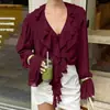 Moda Feminina para Primavera e Verão Estilo Europeu e Americano Comércio Exterior Transfronteiriço Design com Decote em V Franzido Mangas Longas e Amarração, Camisa Elegante Estilo Francês para Mulheres
