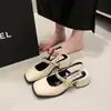 Sandálias Francesas Pretas de Salto Alto Fechadas Sapatos Femininos 2026 Nova Primavera Salto Bloco Mary Jane Sapatos Pequenos de Couro Sapatos Únicos
