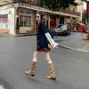Fivela de cinto botas western cowboy knight para mulheres petite, modeladoras de perna, salto grosso botas longas, salto médio botas longas, botas femininas de salto bloco