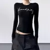 Diseño de Letra Look Adelgazante Corta Delgada Especial Camiseta Bordada Cuello Redondo Manga Larga Top