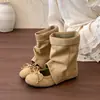 Botas curtas redondas populares estilo retrô com laço para mulheres, novas sandálias versáteis com plataforma vazada para aumentar a altura, outono 2026