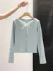 Camiseta de Renda com Amarração de Manga Longa Fresca e Simples para Mulheres, Peça Base Falsa de Duas Peças para Primavera e Outono, Design de Ombro Normal Slim Fit