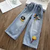 Jeans para Niñas Estilo Primavera y Otoño Bordado de Flores 2026 Nuevos Pantalones Sueltos Elegantes para Niños Pantalones de Pierna Ancha Otoño