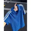 Camisa polo azul marinho com estampa de escamas de dragão, camiseta masculina de verão em seda gelada respirável com três listras e manga curta, estilo esportivo retrô