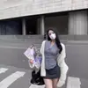 Estilo preppy americano camisa azul a rayas para chica hot cintura ajustada manga larga para mujer otoño nuevo top interior ajustado