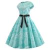0332 Foto Real en stock Nuevo Vestido Vintage Estampado de Manga Corta Estilo Hepburn con Cordones